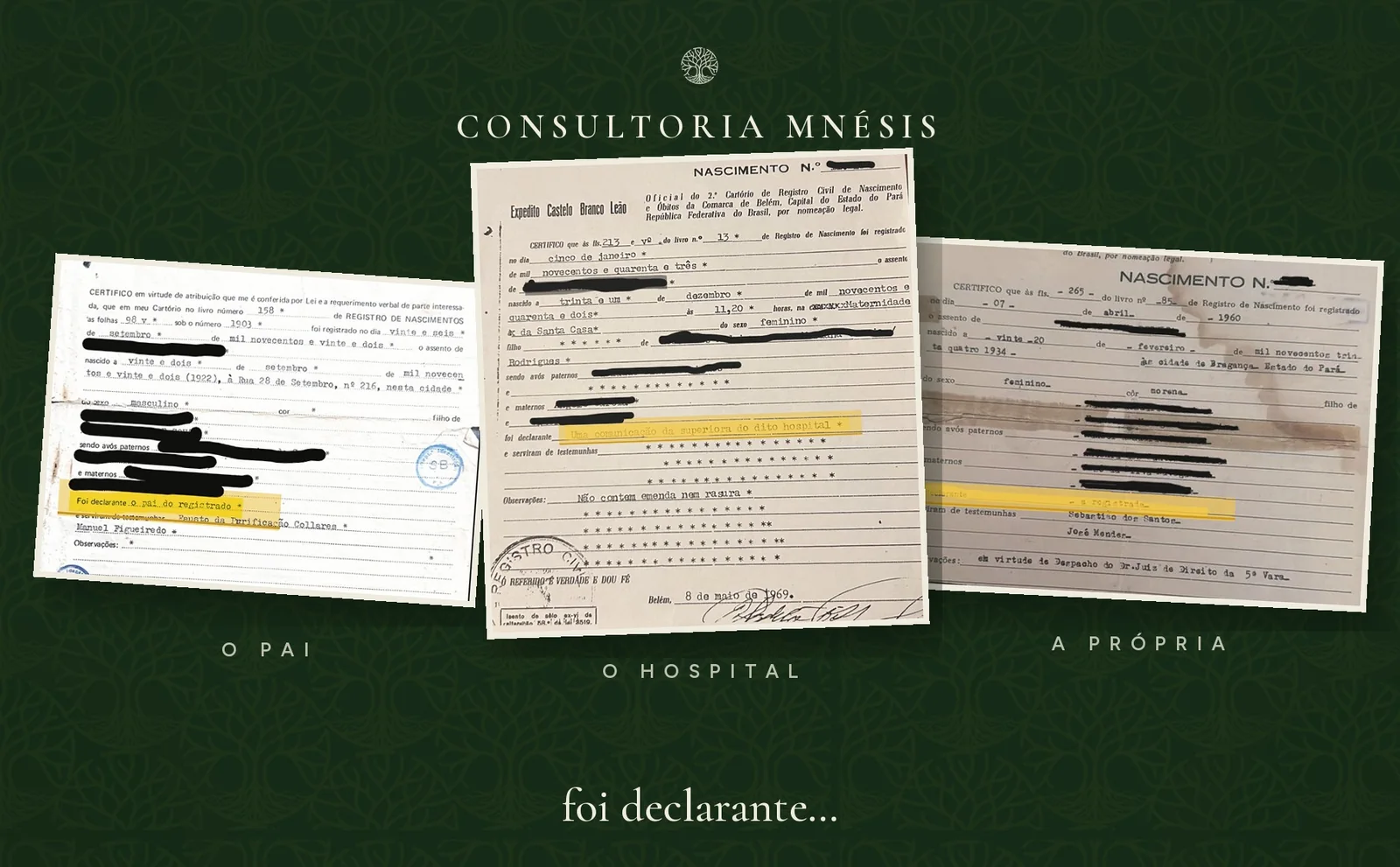Três certidões de nascimento reais com a linha do declarante em destaque. Acervo Consultoria Mnésis.