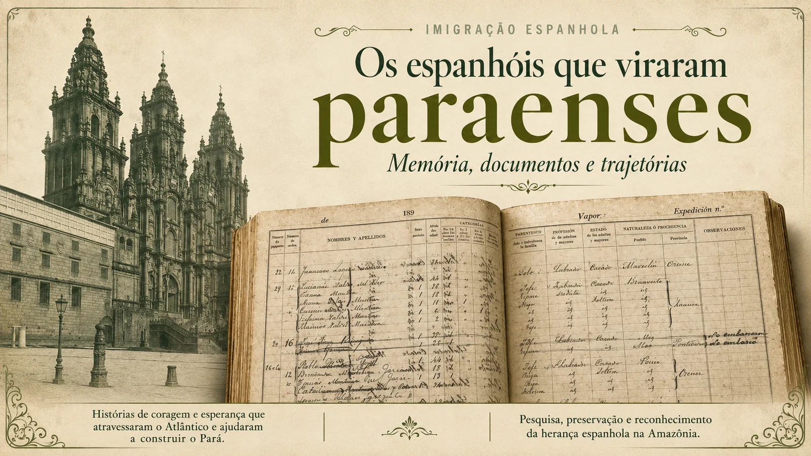 Livro de registro de emigrantes espanhóis com a catedral de Santiago de Compostela ao fundo. Acervo Consultoria Mnésis.