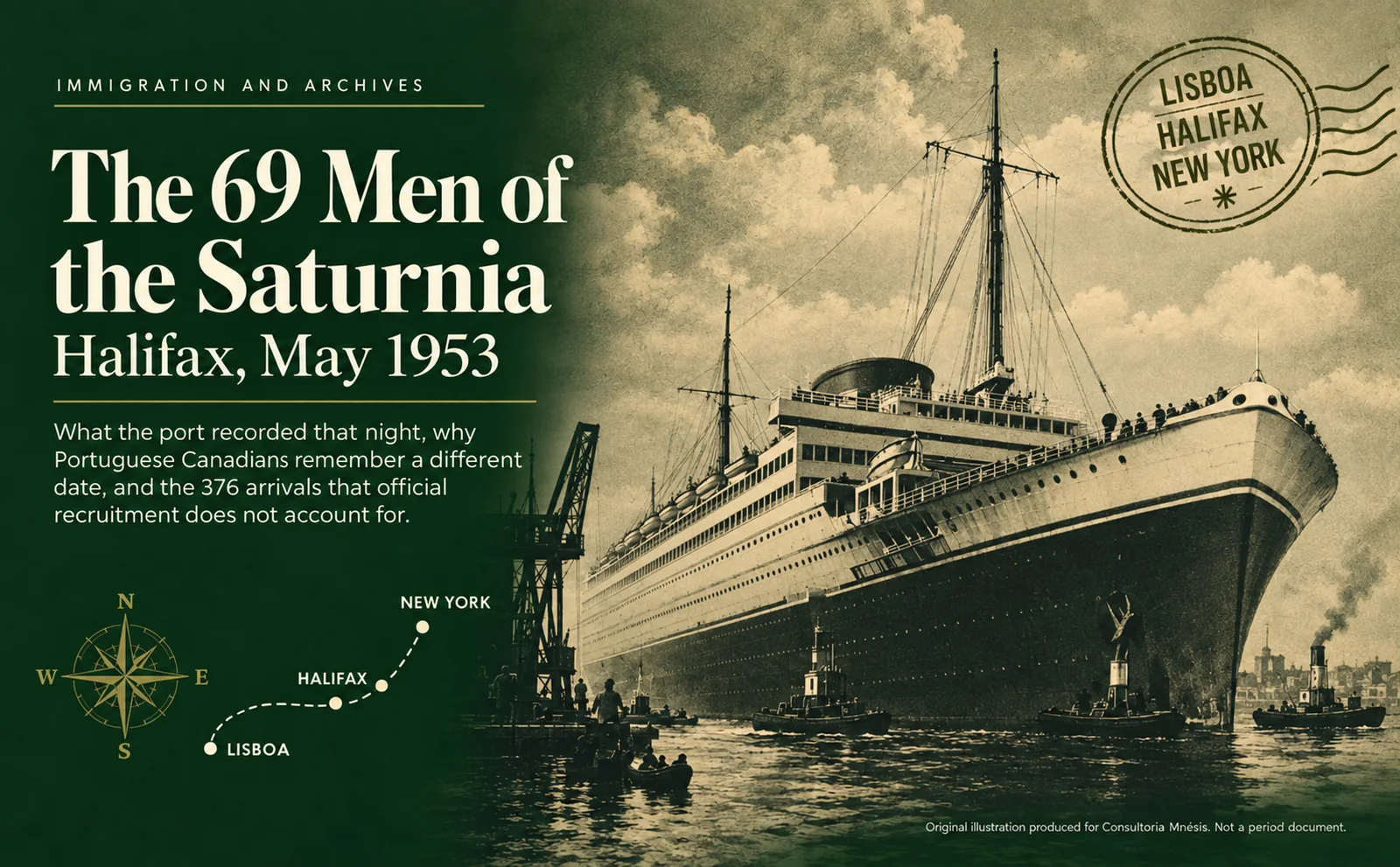 Illustration of the liner Saturnia at berth, with the route from Lisbon to Halifax and New York.