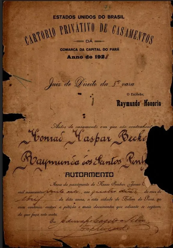 Capa dos autos de casamento de um imigrante alemão, de 1928, do cartório privativo de casamentos da comarca da capital do Pará