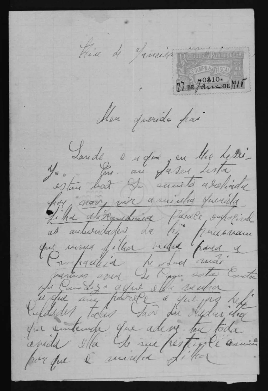 Carta manuscrita de 1915, dentro do processo de passaporte de Alexandrina da Conceição: Maria Eugénia escreve do Rio de Janeiro pedindo que a filha seja enviada ao Brasil.