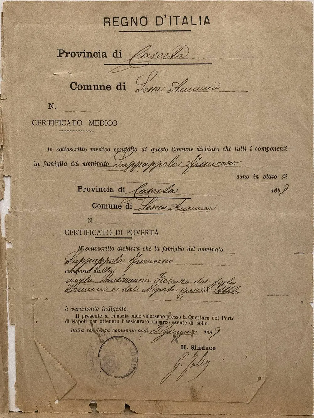 Certificado de 1899 do Reino da Itália, comune de Sessa Aurunca, província de Caserta