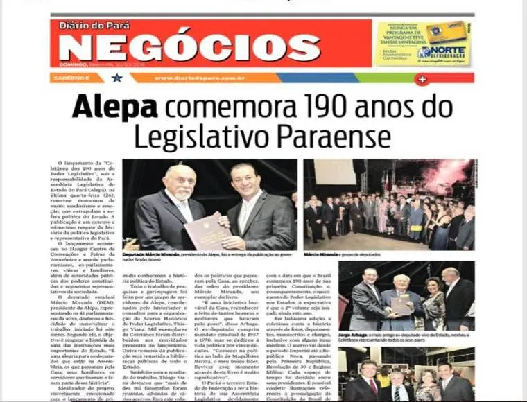 Página do Diário do Pará sobre o lançamento da Coletânea dos 190 anos do Legislativo
