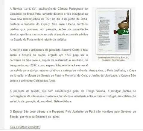 Matéria sobre a revista Lá e Cá da Câmara Portuguesa de Comércio