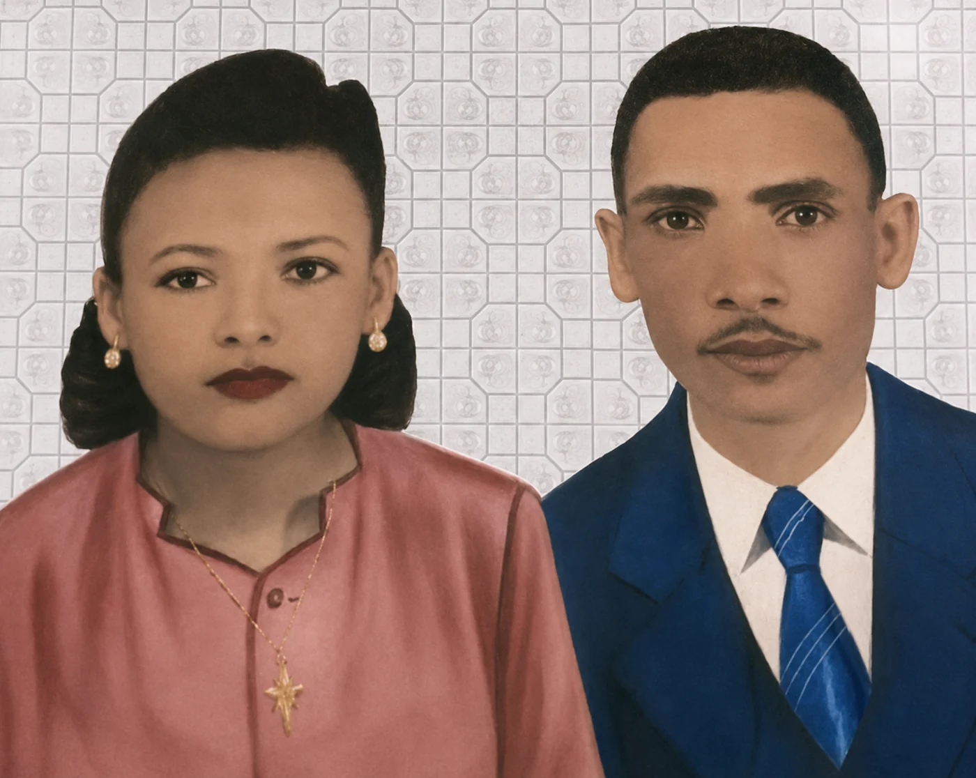 Casal Santana Santos em retrato pintado à mão