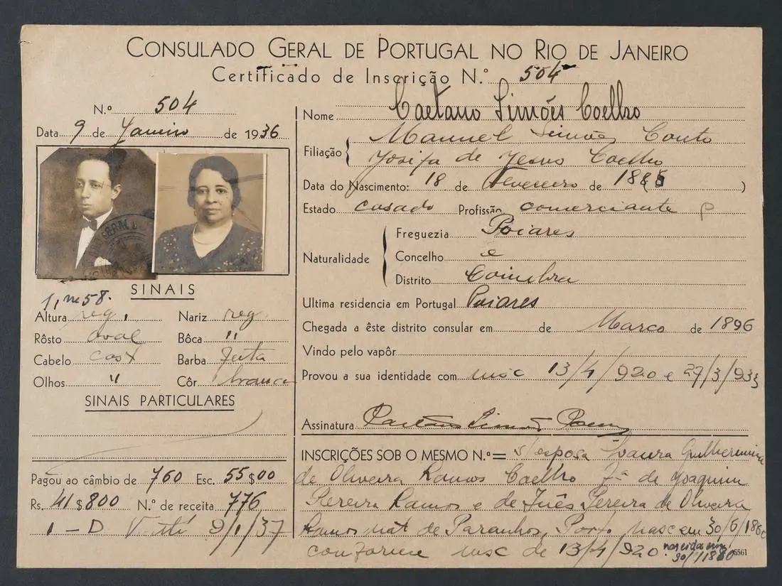 Certificado de inscrição consular de 1936, do Consulado Geral de Portugal no Rio de Janeiro, com fotografias e naturalidade do inscrito