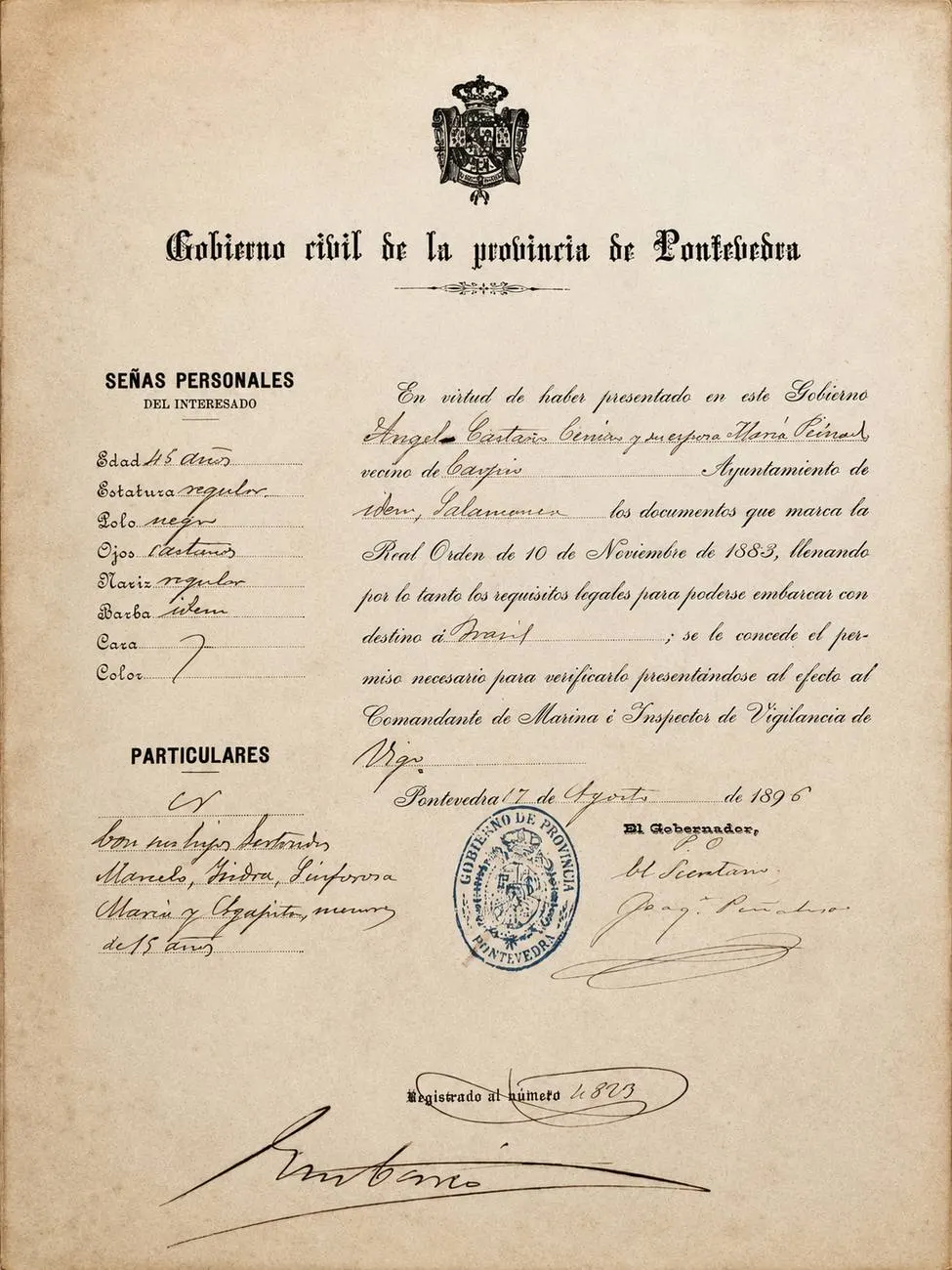 Permiso de embarque de 1896, do Governo Civil da província de Pontevedra, autorizando o embarque de uma família espanhola com destino ao Brasil